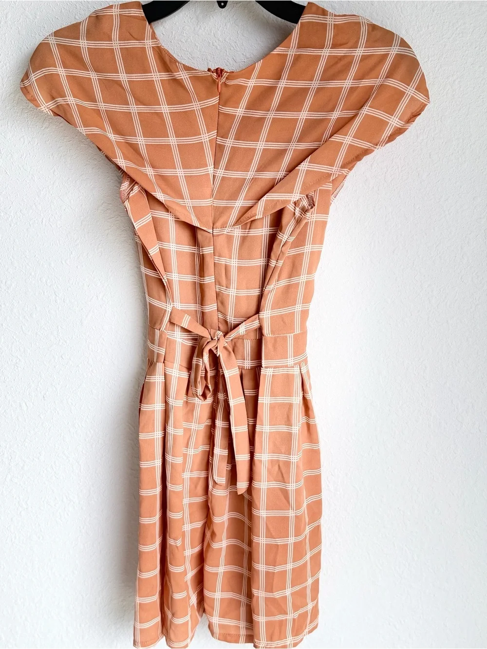 CHANEL Peach Plaid Mini Dress with Signature Brooch